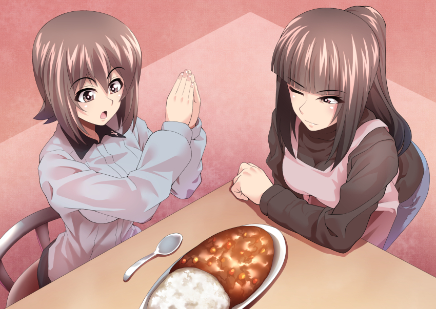 :o apron arm_on_table black_skirt breasts brown_eyes brown_hair curry dress_shirt family food frown girls_und_panzer grey_shirt highres kuromorimine_school_uniform large_breasts long_sleeves looking_at_another mature_eyes mature_female miraino_tsubasa mother_and_daughter nishizumi_maho nishizumi_shiho one_eye_closed own_hands_together pink_apron plate ponytail school_uniform shirt short_hair sitting skirt spoon straight_hair table wing_collar
