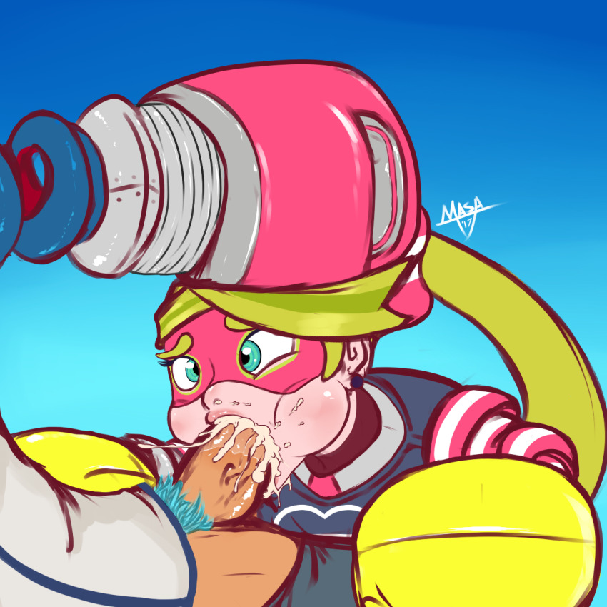 1boy 1girl arms_(game) artist_name blonde_hair blue_eyes boxing_gloves cum cum_in_mouth earrings ejaculation fellatio hand_on_another&#039;s_head hetero highres jewelry long_hair masamaki mask nintendo oral penis ponytail ribbon_girl_(arms) spring_man_(arms)