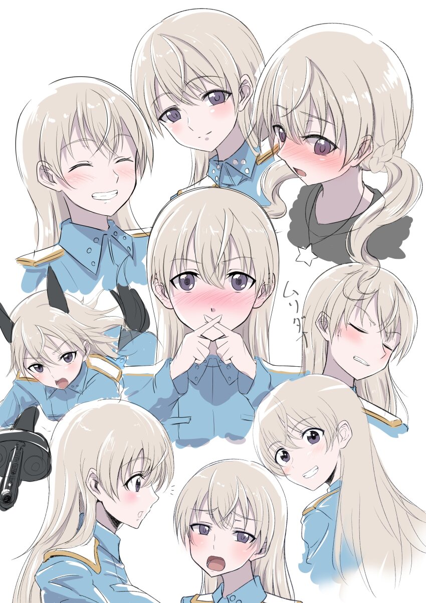 1girl absurdres alternate_costume animal_ears back blue_jacket blush closed_eyes eila_ilmatar_juutilainen fox_ears fox_girl fox_tail grey_hair gun highres holding holding_gun holding_weapon jacket kumi_cure long_hair looking_at_viewer looking_back machine_gun mg42 military military_uniform profile simple_background smile strike_witches tail twintails weapon white_background world_witches_series x_fingers