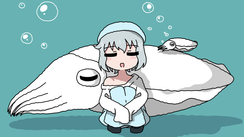 1girl absurdres animal aqua_background bubble closed_eyes cuttlefish emesan_desu facing_viewer highres long_sleeves open_mouth original single_off_shoulder sitting skirt sleeves_past_fingers sleeves_past_wrists