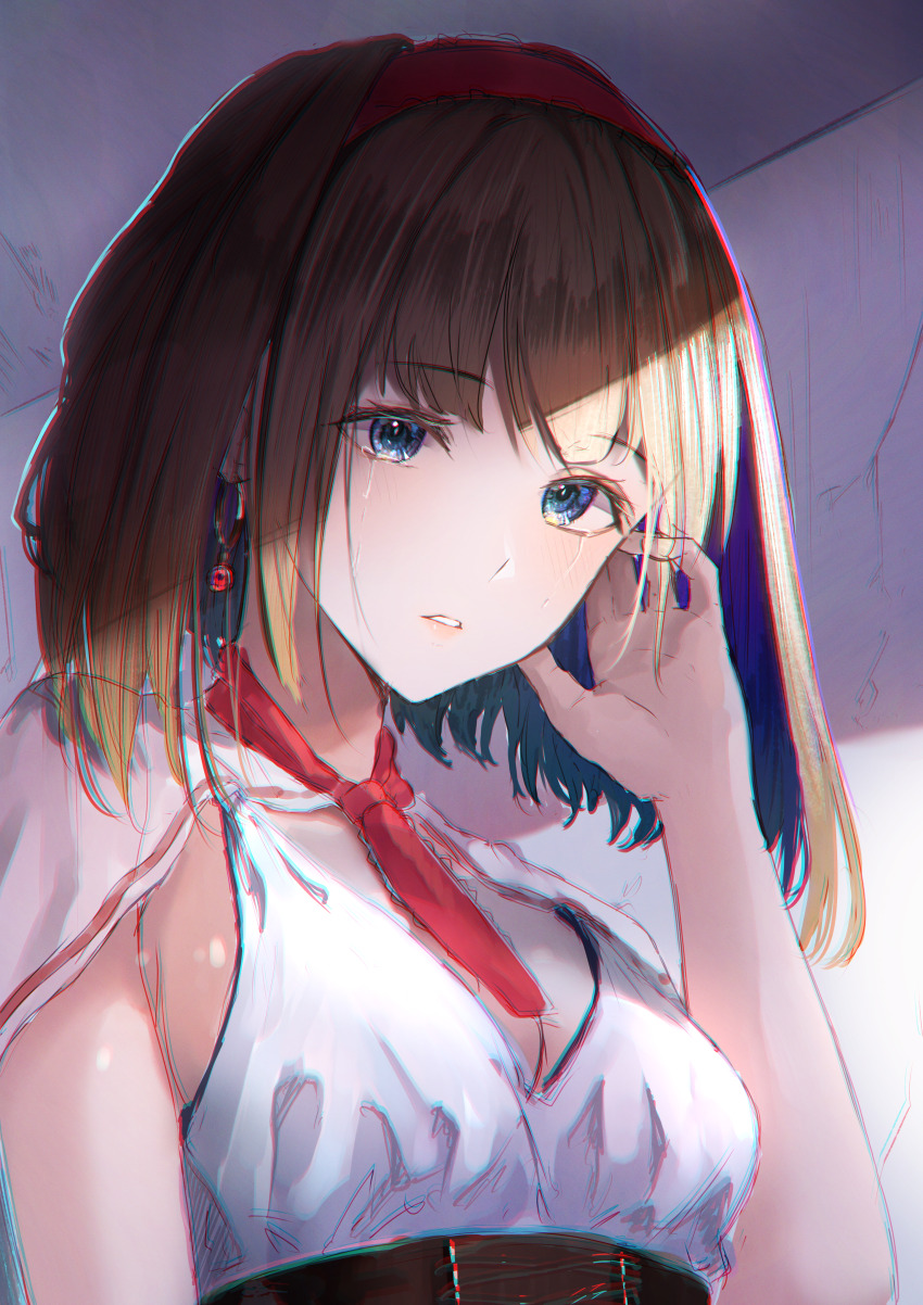 1girl absurdres alice_margatroid alternate_costume blonde_hair blue_eyes breasts cleavage commentary crying crying_with_eyes_open dress earrings english_commentary hairband highres jewelry light_blush looking_at_viewer mixed-language_commentary red_hairband rei_(farta_litia) solo tears touhou white_dress