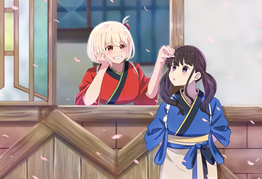 2girls absurdres black_hair blonde_hair blue_kimono blush chai_haru cherry_blossoms commentary_request falling_petals hair_ribbon highres holding holding_petal inoue_takina japanese_clothes kimono long_hair low_twintails lycoris_recoil multiple_girls nishikigi_chisato one_side_up open_mouth petals purple_eyes red_eyes red_kimono red_ribbon ribbon short_hair tasuki twintails