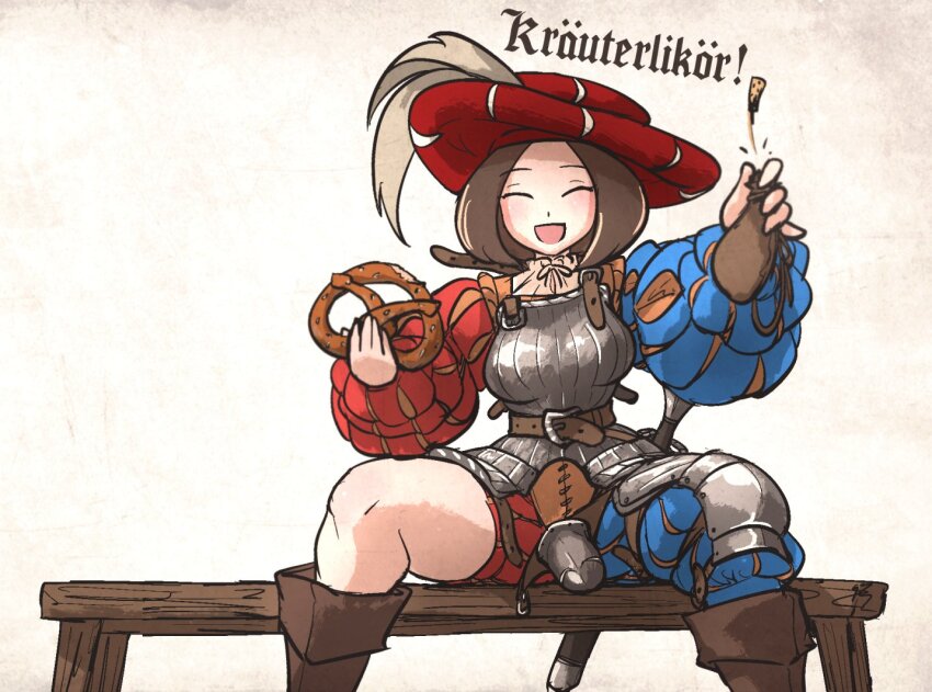 1girl armor bench blue_eyes boobplate boots breastplate brown_boots brown_hair codpiece flask food hat ironlily landsknecht landsknecht_(ironlily) long_sleeves original pretzel puffy_long_sleeves puffy_sleeves sitting solo wooden_bench