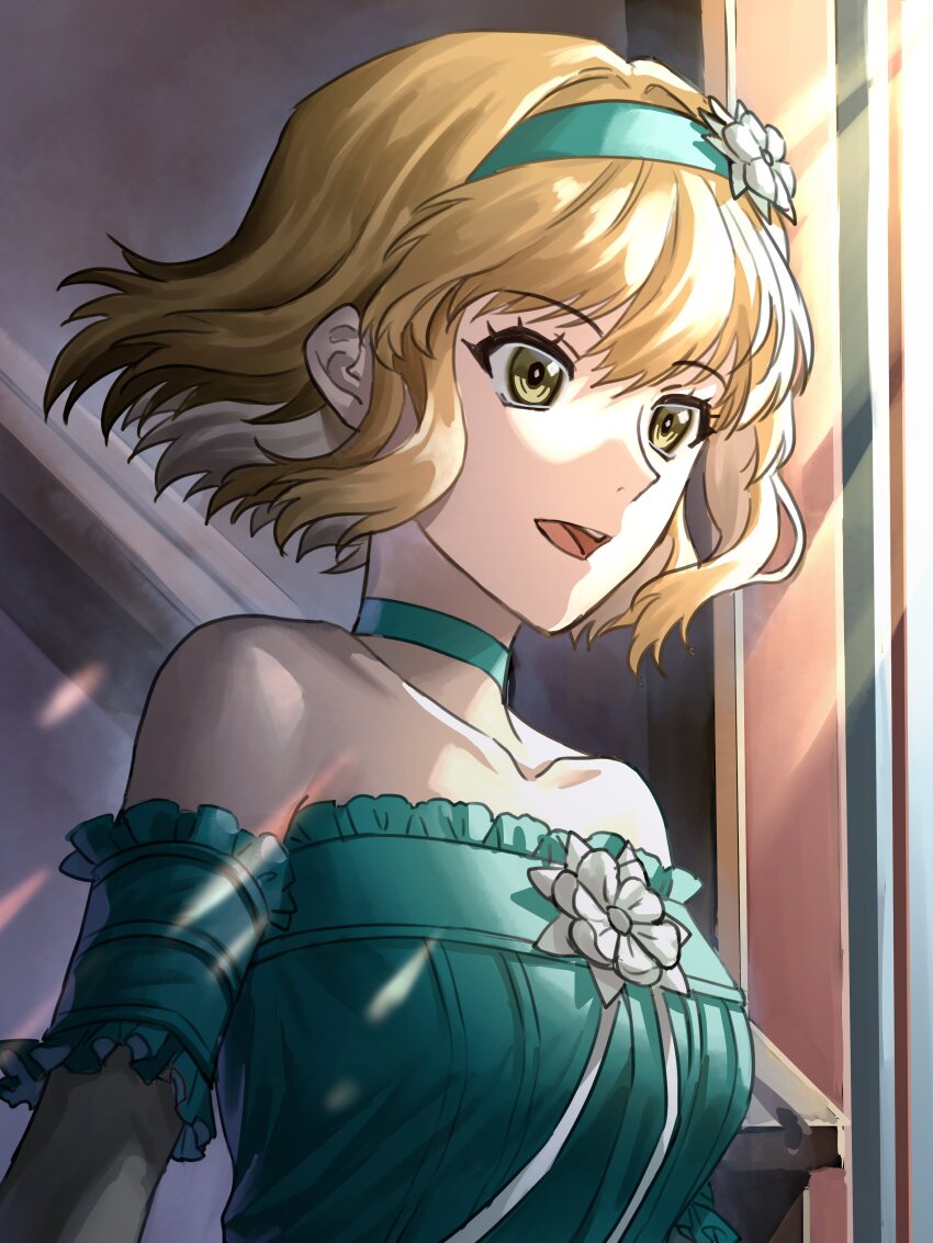 1girl absurdres aqua_dress aqua_hairband aqua_sleeves bare_shoulders black_gumgum blonde_hair collarbone commentary detached_sleeves dress eyelashes flower frilled_dress frilled_sleeves frills hairband highres natalia_luzu_kimlasca_lanvaldear open_mouth short_hair smile solo strapless strapless_dress sunlight tales_of_(series) tales_of_the_abyss upper_body white_flower yellow_eyes