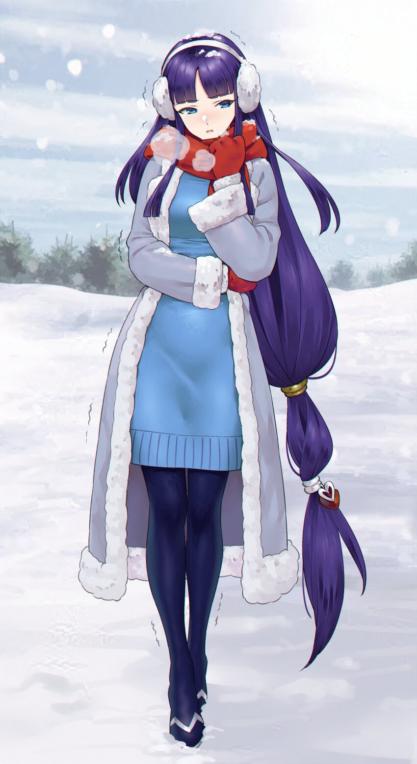 1girl absurdres alternate_costume altina_(fire_emblem) blue_eyes breasts commission earmuffs fire_emblem fire_emblem:_radiant_dawn fire_emblem_heroes fur_trim highres igni_tion large_breasts long_hair low-tied_long_hair nintendo purple_hair red_scarf scarf snow very_long_hair white_fur