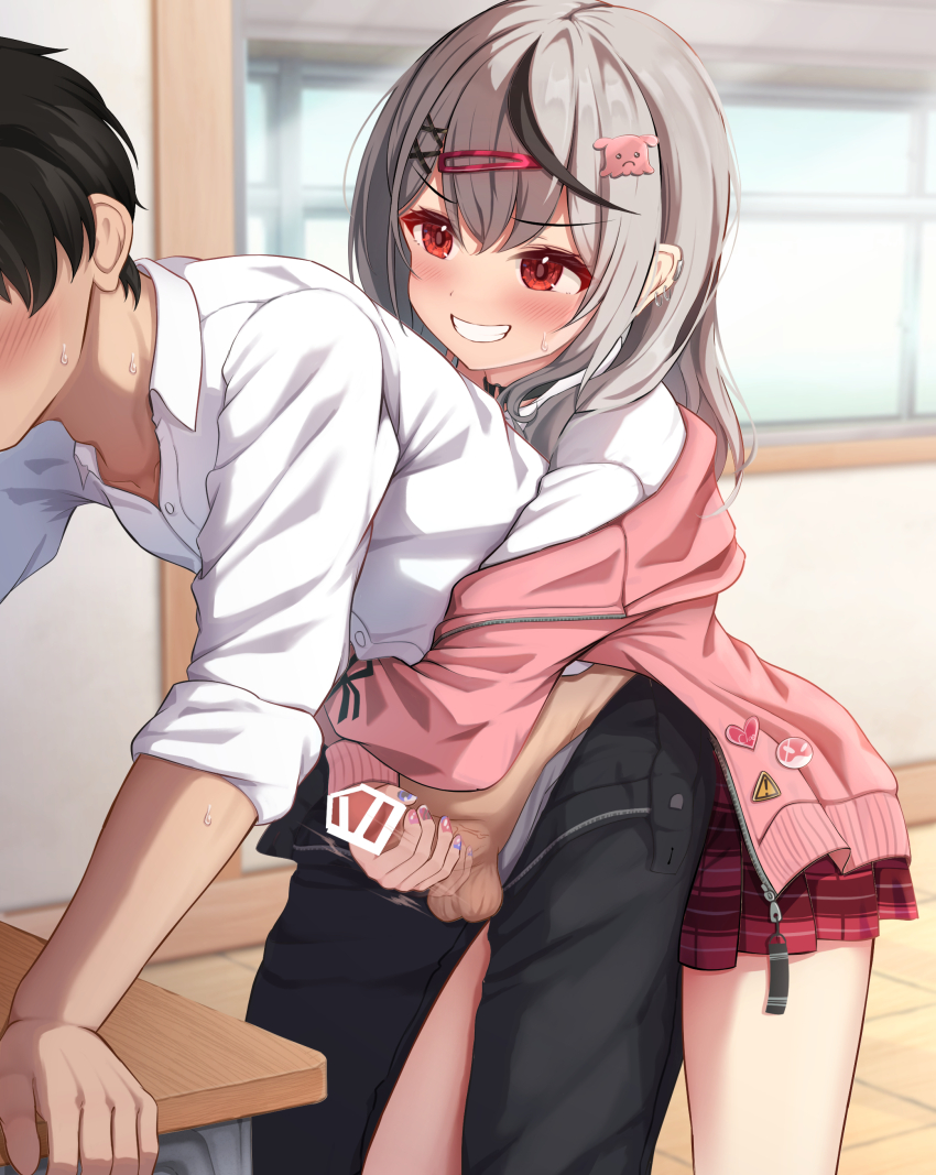 1boy 1girl absurdres assertive_female black_choker black_hair blush choker classroom commentary_request desk double-parted_bangs dress_shirt ear_piercing earclip erection faceless faceless_male femdom grabbing_from_behind grey_hair grin hair_ornament hairclip handjob head_out_of_frame hetero highres hololive indoors jacket long_hair long_sleeves looking_at_another mesugaki motion_blur multicolored_hair multicolored_nails multiple_piercings nail_art nail_polish non_non_moral o-ring o-ring_choker official_alternate_costume official_alternate_hair_length official_alternate_hairstyle open_clothes open_jacket paid_reward_available penis piercing pink_jacket purple_nails reach-around red_eyes red_skirt sakamata_chloe sakamata_chloe_(gyarumata) school school_desk school_uniform shirt skirt smile straight_hair streaked_hair sweat textless_version virtual_youtuber white_shirt