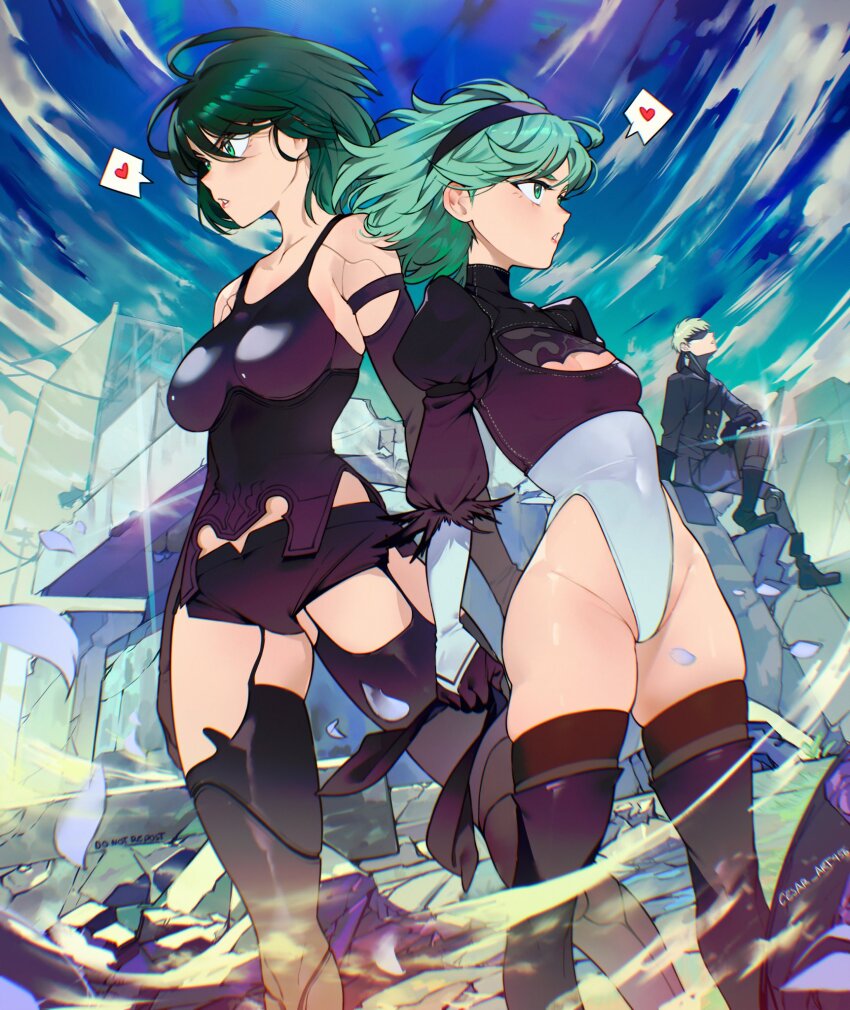 1boy 2b_(nier:automata) 2b_(nier:automata)_(cosplay) 2girls 9s_(nier:automata) 9s_(nier:automata)_(cosplay) a2_(nier:automata) a2_(nier:automata)_(cosplay) black_blindfold blindfold cesar_art456 cosplay feather-trimmed_sleeves feather_trim fubuki_(one-punch_man) genos green_eyes heart highleg highleg_leotard highres leotard multiple_girls nier:automata nier_(series) one-punch_man siblings sisters spanish_commentary spoken_heart tatsumaki thighhighs
