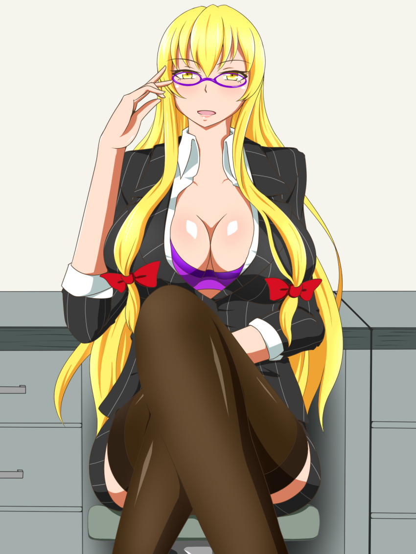 1girl alternate_costume bespectacled bow bra breasts chair cleavage collarbone collared_shirt crossed_legs desk female_focus glasses hair_bow hand_up highres huge_breasts jacket knees_together_feet_apart lactone long_hair long_legs long_neck long_sleeves looking_at_viewer office_lady open_clothes open_jacket open_mouth open_shirt purple-framed_eyewear purple_bra shirt sitting sleeves_rolled_up smile solo thighhighs thighs touhou underwear very_long_hair wide_hips yakumo_yukari yellow_eyes
