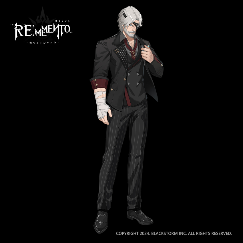 1boy bandaged_hand bandages beard black_background black_jacket black_pants black_shoes black_suit black_vest blue_eyes copyright_name copyright_notice dress_pants dress_shoes eyepatch facial_hair formal_clothes full_body grey_shirt hand_up highres jacket legs_apart logo looking_at_viewer male_focus mature_male mustache necktie official_art old old_man open_clothes open_jacket pants pinstripe_pants pinstripe_pattern rampart_(rememento) red_necktie rememento:_white_shadow shirt shoes short_hair solo standing striped_clothes striped_pants suit suit_jacket tachi-e vertical-striped_clothes vertical-striped_pants vest waistcoat white_hair