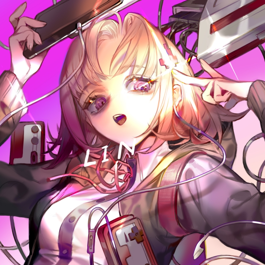 1girl backpack bag black_jacket chinese_commentary collared_shirt commentary_request danganronpa_(series) danganronpa_2:_goodbye_despair earphones eyelashes game_console gradient_background hair_ornament highres holding holding_tablet_pc hood hood_down hooded_jacket jacket lin09 long_sleeves medium_hair nanami_chiaki neck_ribbon open_clothes open_jacket open_mouth parted_bangs pink_eyes pink_hair purple_background red_bag red_ribbon ribbon shirt solo tablet_pc upper_body v white_shirt