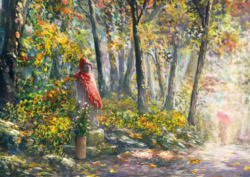 1other absurdres ambiguous_gender commentary_request day floral_print floral_print_kimono flower forest highres japanese_clothes kimono nature oil-paper_umbrella original outdoors print_kimono scenery standing statue tree umbrella vase wide_shot zaq_(pgvc4472)