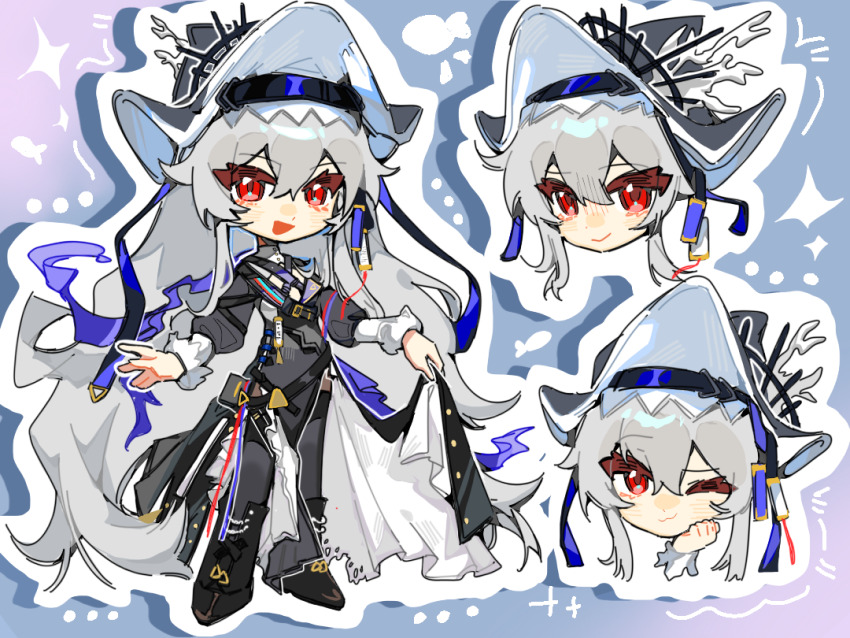 1girl :3 arknights black_boots black_dress black_thighhighs blush boots chaiwu chibi clothes_lift dress dress_lift grey_hair hair_between_eyes hat layered_dress long_hair looking_at_viewer multiple_views one_eye_closed open_mouth red_eyes sidelocks smile specter_(arknights) specter_the_unchained_(arknights) thighhighs very_long_hair white_dress