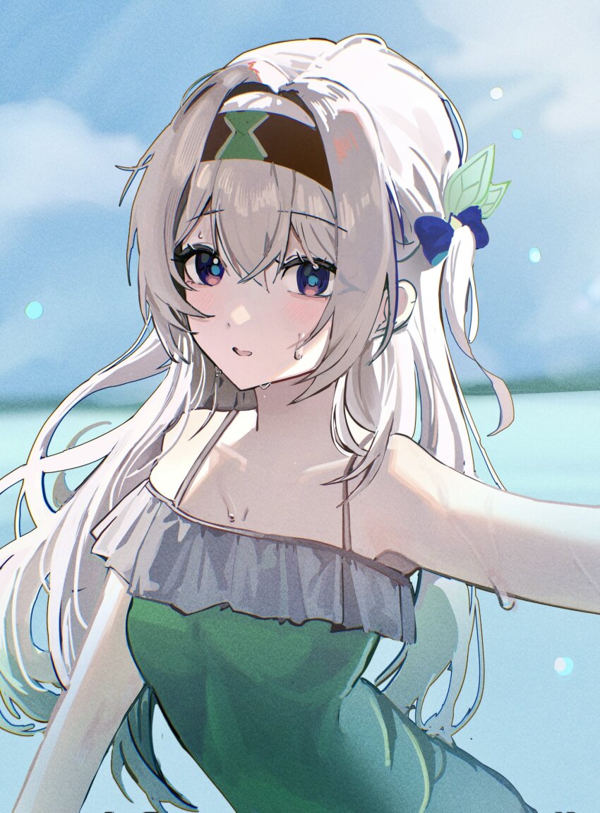 13_(jjusan13) 1girl aqua_one-piece_swimsuit bare_shoulders black_hairband blue_pupils firefly_(honkai:_star_rail) frilled_one-piece_swimsuit frills gradient_hair grey_hair hair_between_eyes hair_intakes hair_ornament hair_ribbon hairband highres honkai:_star_rail honkai_(series) in_water long_hair multicolored_eyes multicolored_hair one-piece_swimsuit open_mouth ribbon solo strap sweatdrop swimsuit wet