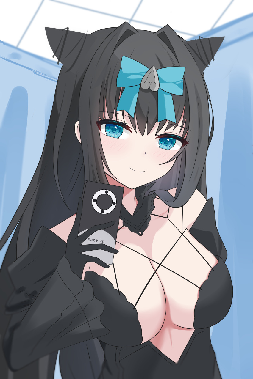 1girl absurdres animal_ears arcaea auke bare_shoulders black_dress black_gloves black_hair blue_eyes blunt_bangs bow breasts butterfly_hair_ornament cat_ears cleavage cleavage_cutout clothing_cutout collarbone dress earrings gloves hair_bow hair_ornament highres holding holding_phone jewelry large_breasts long_hair long_sleeves medium_breasts original phone selfie smile tairitsu_(arcaea) tairitsu_(tempest)_(arcaea) upper_body