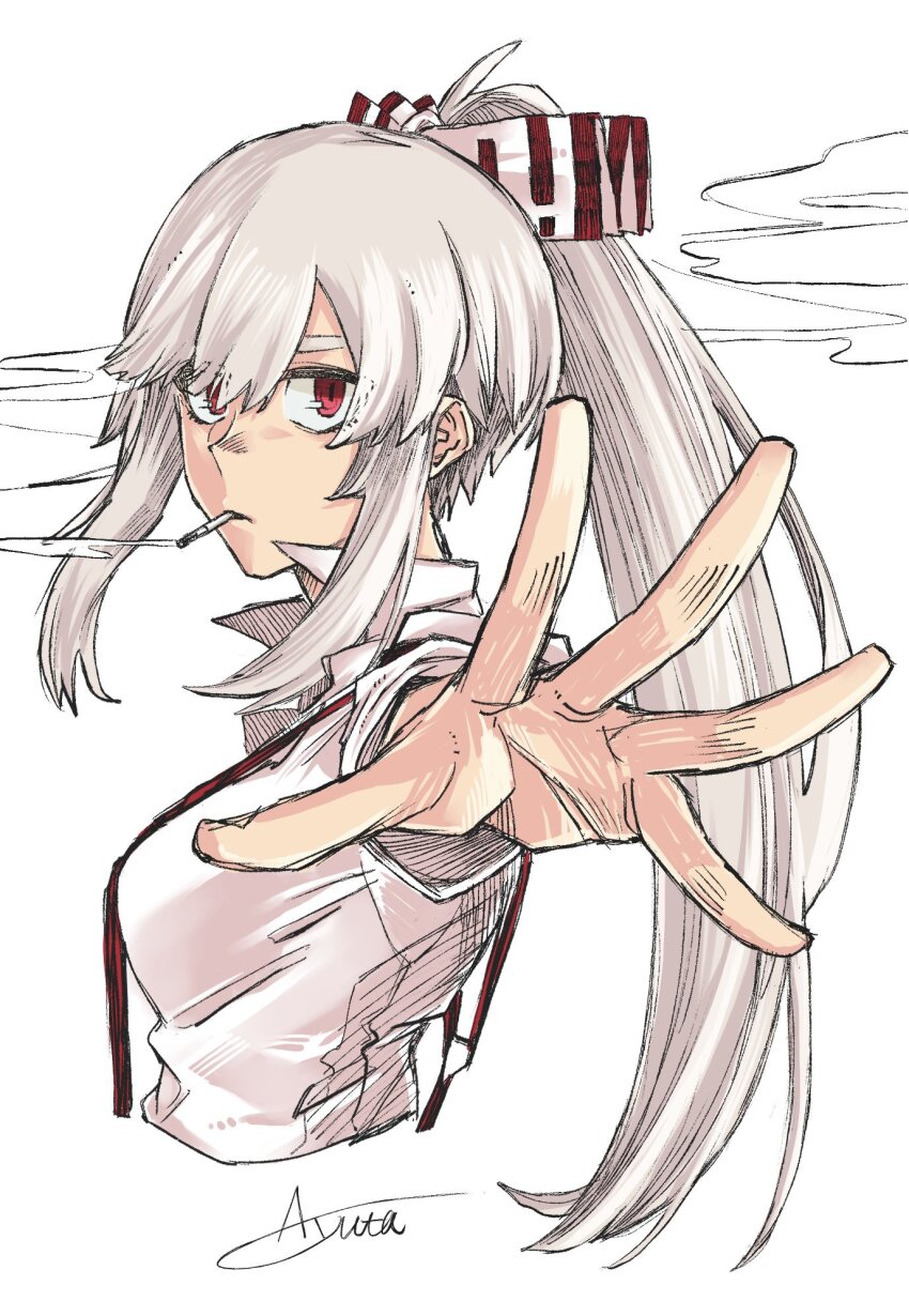 1girl akino_tsuki bow breasts cigarette collared_shirt cropped_torso from_side fujiwara_no_mokou hair_bow high_ponytail highres long_hair long_sleeves looking_at_viewer medium_breasts outstretched_arm ponytail red_eyes shirt signature simple_background smoke smoking solo suspenders touhou upper_body very_long_hair white_background white_hair white_shirt
