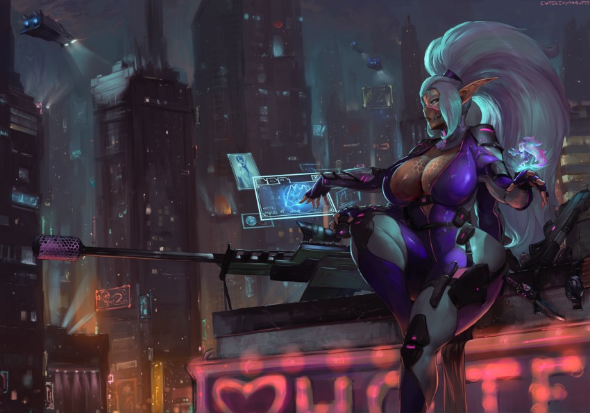 1girl akane_(kiss_and_fafa) arm_guards armor assault_rifle augmented_reality big_hair billboard blue_eyes bodysuit breasts building city cityscape cleavage commission curvy cutesexyrobutts cyberpunk fantasy fingerless_gloves gloves gun heads-up_display high_ponytail highres hologram holographic_interface holographic_touchscreen huge_breasts knee_pads knife knife_sheath lights long_hair mask microphone mouth_mask mutant neon_lights night night_sky ninja_mask open_bodysuit open_clothes original pointy_ears ponytail purple_bodysuit rifle science_fiction sheath shoulder_pads sidelocks sitting sky skyscraper sniper_rifle spacecraft strap tan thick_thighs thighs user_interface vehicle very_long_hair weapon white_hair wide_hips