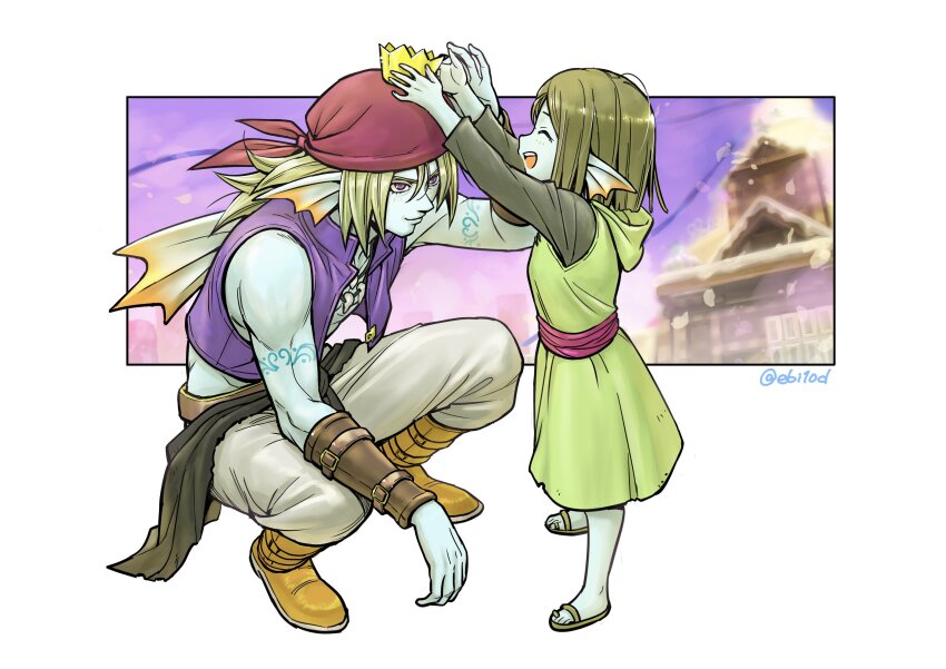 1boy 1girl absurdres arm_guards arm_tattoo back_fin bandana black_sash blonde_hair blue_skin blurry blurry_background boots brown_hair child closed_eyes closed_mouth colored_skin commentary commentary_request crown dragon_quest dragon_quest_x dress ebiten_(ebi10d) english_commentary fins fish_boy fish_girl gladiator_sandals green_dress grey_shirt head_fins highres hooded_dress hyuuza_(dq10) jewelry long_hair looking_up medium_hair mini_crown muscular muscular_male necklace open_mouth pants profile purple_eyes purple_vest red_bandana red_sash sandals sash shirt shirt_under_dress smile somya_(dq10) squatting tattoo tooth_necklace twitter_username vest white_pants yellow_boots