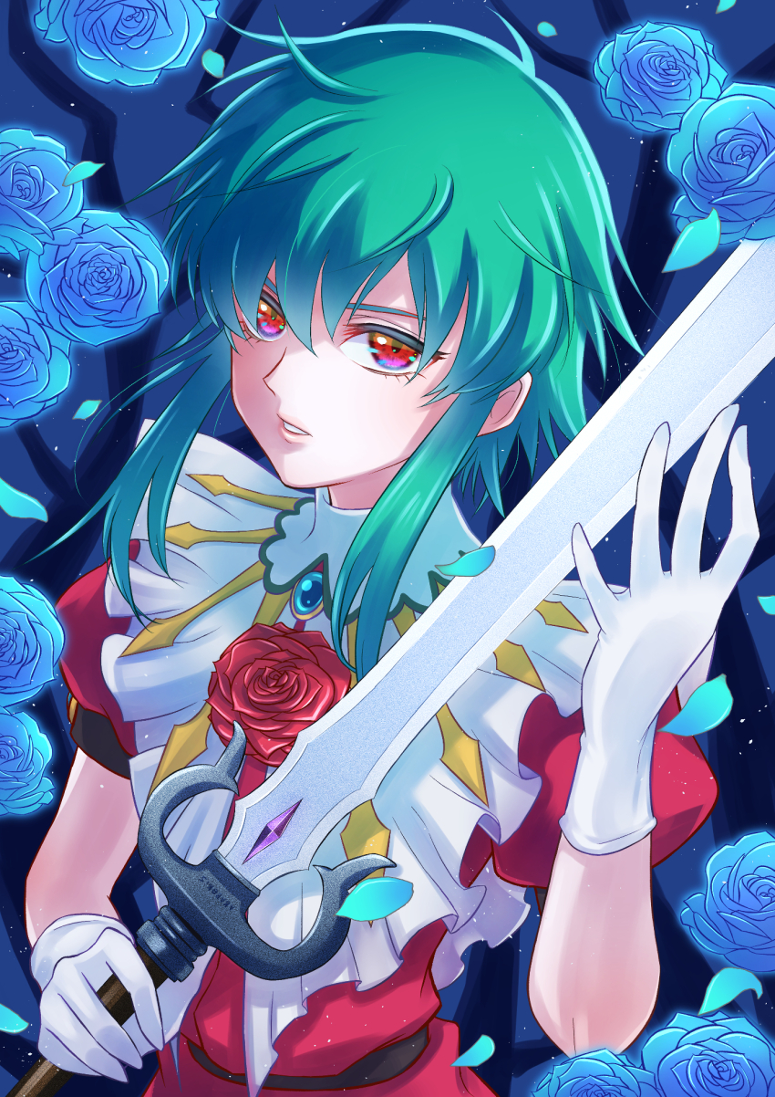 1girl asellus_(saga_frontier) blue_flower flower frills gloves green_hair hand_up highres holding holding_sword holding_weapon kikopoko11 looking_at_viewer red_eyes red_flower rose saga saga_frontier short_hair short_hair_with_long_locks short_sleeves sidelocks solo sword upper_body weapon white_gloves