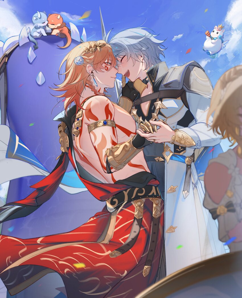 1girl 2boys absurdres aglaea_(honkai:_star_rail) antenna_hair arm_tattoo armlet armor bare_pectorals black_choker black_coat black_pants black_shirt blonde_hair blue_cape blue_sky blush braid cape chest_tattoo chimera_(honkai:_star_rail) choker closed_eyes coat commentary dromas_(honkai:_star_rail) earrings english_commentary facial_tattoo gold_necklace gradient_hair hair_between_eyes highres holding_hands honkai:_star_rail honkai_(series) jewelry laurel_crown little_ica_(honkai:_star_rail) male_focus medium_hair multicolored_hair multiple_boys mydei_(honkai:_star_rail) necklace noses_touching open_clothes open_coat pants pauldrons pectorals phainon_(honkai:_star_rail) profile red_hair red_tattoo shirt short_hair shoulder_armor side_braid single_pauldron sky sn0w_002 tattoo toned toned_male white_coat white_hair yaoi yellow_eyes