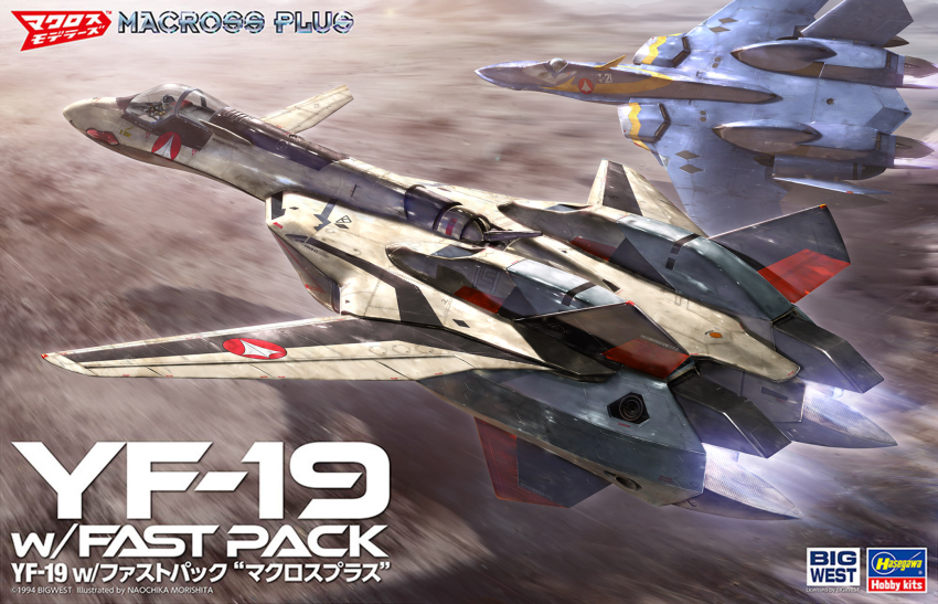 1boy aircraft airplane artist_name box_art canards canopy_(aircraft) character_name commentary_request copyright_name copyright_notice day exhaust fighter_jet flying hasegawa_(hobby_kits) highres isamu_dyson macross macross_plus military_vehicle morishita_naochika motion_blur outdoors pilot realistic roundel science_fiction thrusters u.n._spacy variable_fighter vehicle_focus yf-19 yf-21