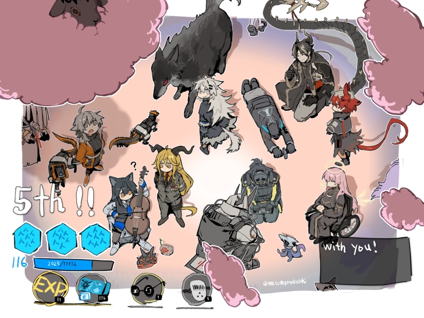 1other 2boys 6+girls ? ahoge animal_ears anniversary arknights arms_behind_back black_coat black_necktie black_vest blonde_hair border bow_(music) cello character_request check_character chongyue_(arknights) coat confused covered_face degenbrecher_(arknights) dragon_boy dragon_horns dragon_tail english_text exercise_wheel face_down fiammetta_(arknights) formal_clothes from_above grey_eyes grey_hair grey_suit grin halo head_wings highres holding holding_bow_(music) holding_instrument hood hood_up hooded_coat horns instrument jacket jessica_(arknights) jessica_(iron_block)_(arknights) lappland_(arknights) lemuen_(arknights) long_hair long_sleeves looking_up mask mayer_(arknights) mudrock_(arknights) multiple_boys multiple_girls mutomorokoshi necktie non-humanoid_robot on_ground orange_eyes orange_jacket originium_slug_(arknights) out_of_frame pink_hair provence_(arknights) red_hair rhodes_island_medic_(arknights) robot robot_animal sarkaz_wither_devourer seiza sheep short_hair sitting smile squatting standing suit tail texas_(arknights) texas_the_omertosa_(arknights) twitter_username user_interface vest wheelchair white_border wide_shot wings wolf wolf_ears wolf_girl wolf_tail yellow_eyes zaaro_(arknights)