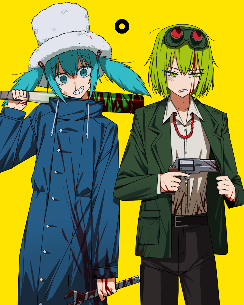 2girls absurdres baseball_bat bead_necklace beads belt blood blood_on_clothes blood_on_face blood_on_hands bloody_weapon blue_eyes blue_hair blue_jacket bruise bruise_on_face channel_(caststation) circle clenched_teeth coat collared_jacket collared_shirt donut_hole_(vocaloid) green_coat green_eyes green_hair grey_pants gumi gun hair_ornament hairclip half-closed_eyes handgun hat hatsune_miku head_tilt high_collar highres holding holding_baseball_bat holding_gun holding_weapon holding_wrench injury jacket jewelry long_sleeves messy_hair metal_baseball_bat multiple_girls necklace nosebleed pants revolver shirt teeth top_hat twintails vocaloid weapon white_hat white_shirt wrench yellow_background