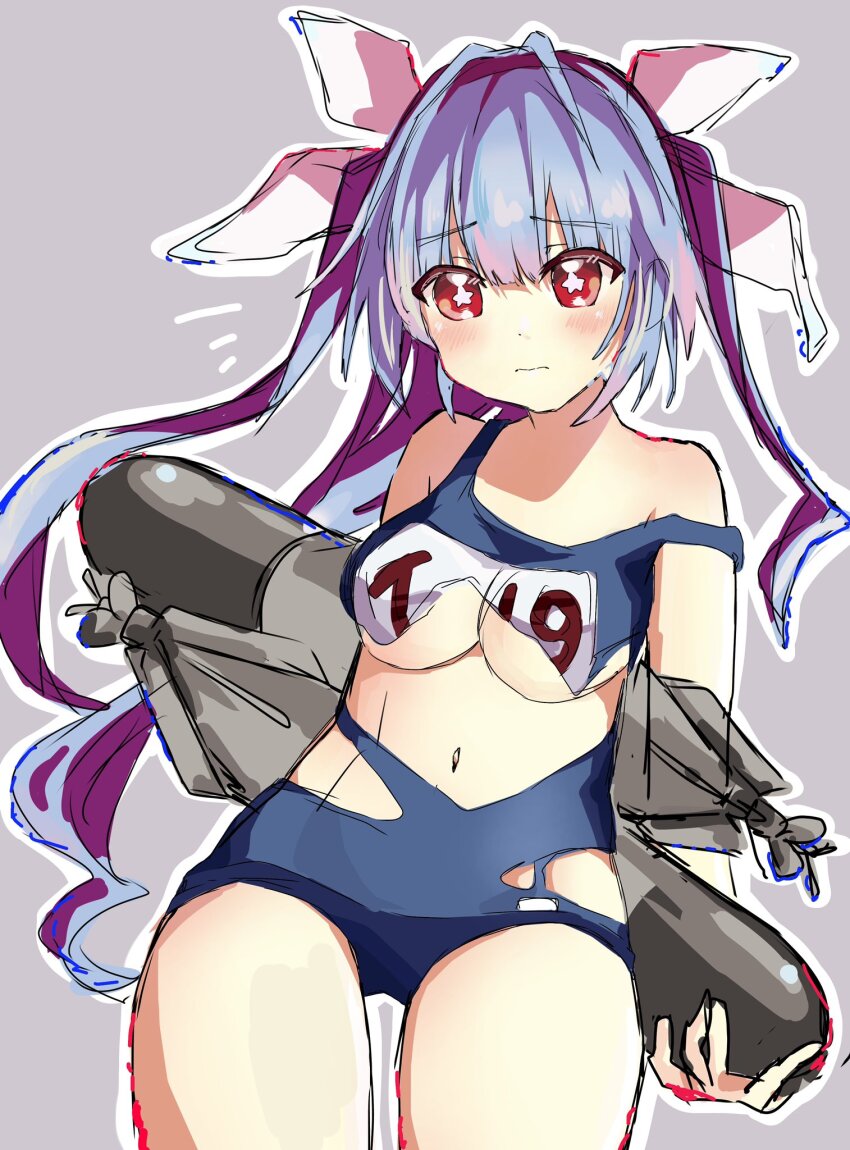 1girl blue_hair blush breasts flower-shaped_pupils gluteal_fold gradient_background grey_background hair_ornament hair_ribbon highres holding holding_torpedo i-19_(kancolle) kantai_collection long_hair looking_at_viewer medium_breasts navel one-piece_swimsuit r_you_yabai red_eyes ribbon school_swimsuit solo swimsuit symbol-shaped_pupils torn_clothes torn_swimsuit torpedo twintails
