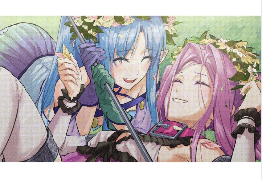 2girls blue_hair collar fate/grand_order fate_(series) gloves green_gloves head_wreath highres koimizu medea_(fate) medea_lily_(fate) medusa_(fate) medusa_(lancer)_(fate) medusa_(rider)_(fate) multiple_girls pink_hair pointy_ears ponytail rider smile