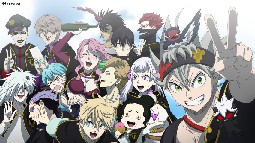 4girls 6+boys alcohol asta_(black_clover) black_clover black_hair blonde_hair blood blue_eyes blue_hair blush bottle breasts brown_hair charmy_pappitson chibi cigarette cleavage cloak closed_eyes cowlick cupcake drawing_(object) drunk finral_roulacase food gauche_adlai gordon_agrippa green_eyes grey_(black_clover) grin group_picture hair_ribbon hand_on_another&#039;s_face hand_up hat headband headwear_request henry_legolant highres holding holding_drawing large_breasts liebe_(black_clover) looking_at_viewer looking_back luck_voltia magna_swing mask multicolored_hair multiple_boys multiple_girls nacht_faust noelle_silva nosebleed open_mouth pink_eyes pink_hair red_hair ribbon secre_swallowtail silver_hair sky smile surprised sweatdrop timeskip twintails v vanessa_enoteca watermark wine wine_bottle yami_sukehiro zora_ideale
