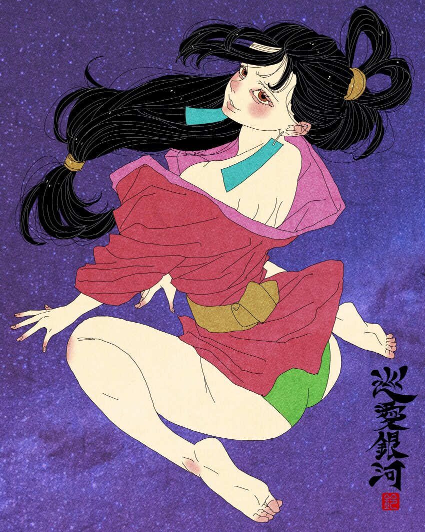 1girl absurdres back barefoot black_hair blush brown_eyes commentary ear_blush earrings english_commentary fine_art_parody from_behind full_body green_panties hair_tied_back hairband highres inkan japanese_clothes japanese_mythology japanese_text jewelry kimono long_hair looking_at_viewer looking_back nihonga nose_blush orihime_(tanabata) panties parody parted_lips purple_background sei5osuzuki seiza sitting star_(symbol) star_symbol_background underwear very_long_hair wariza