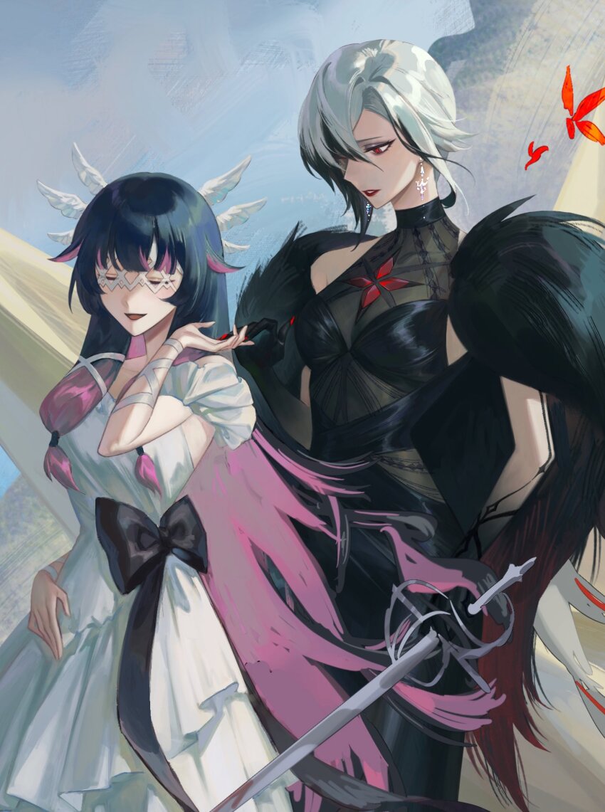 2girls alternate_costume alternate_universe angel_wings arlecchino_(genshin_impact) bare_arms bare_shoulders black_bow black_eyes black_eyeshadow black_hair black_hands black_pants black_shirt blue_background blunt_bangs bow bug butterfly cape closed_eyes colored_extremities columbina_(genshin_impact) commentary couple dress earrings english_commentary eyeshadow feathered_wings floating_earring fur-trimmed_cape fur_trim genshin_impact halterneck hand_up head_wings highres holding holding_hands holding_sword holding_weapon insect jewelry kgynh long_hair makeup multicolored_hair multiple_girls multiple_wings open_mouth pants pink_hair red_eyes red_lips red_nails red_pupils see-through_clothes see-through_shirt shirt short_hair simple_background straight_hair sword symbol-shaped_pupils two-tone_hair waist_bow weapon white_dress white_hair white_wings wings x-shaped_pupils yuri
