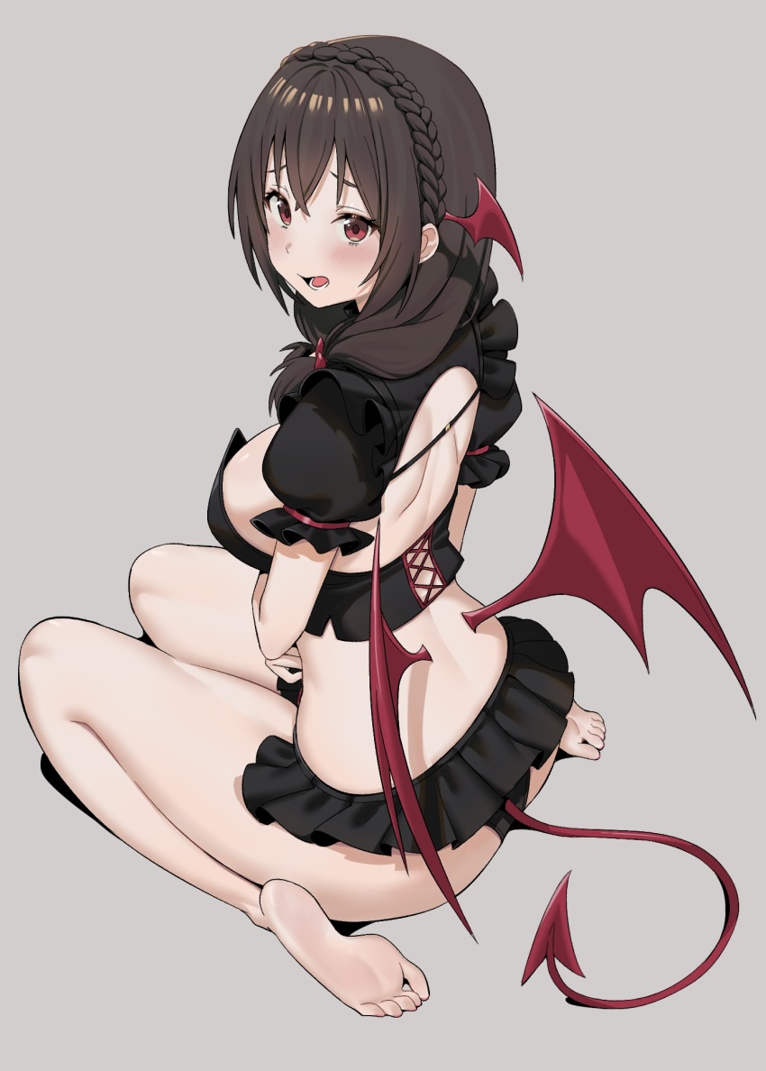 1girl ass bare_legs barefoot black_bra black_hair black_panties bow bra breasts bygin demon_girl demon_tail demon_wings feet highres kono_subarashii_sekai_ni_shukufuku_wo! large_breasts long_hair looking_at_viewer panties red_bow red_eyes red_ribbon revealing_clothes ribbon soles solo tail toes underwear wings yunyun_(konosuba)
