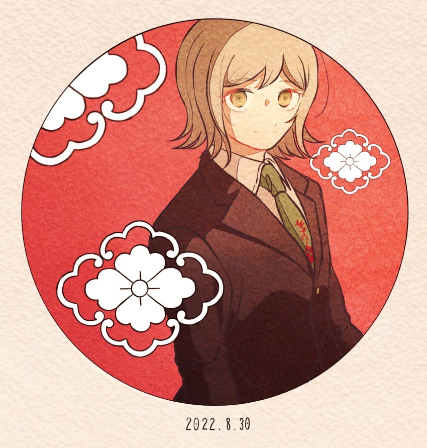 1boy black_jacket blonde_hair brown_eyes brown_necktie closed_mouth collared_shirt danganronpa_(series) danganronpa_3_(anime) dated formal_clothes grey_background grey_shirt highres jacket kiri_(2htkz) long_sleeves looking_at_viewer male_focus mitarai_ryota necktie red_background round_image shirt short_hair solo