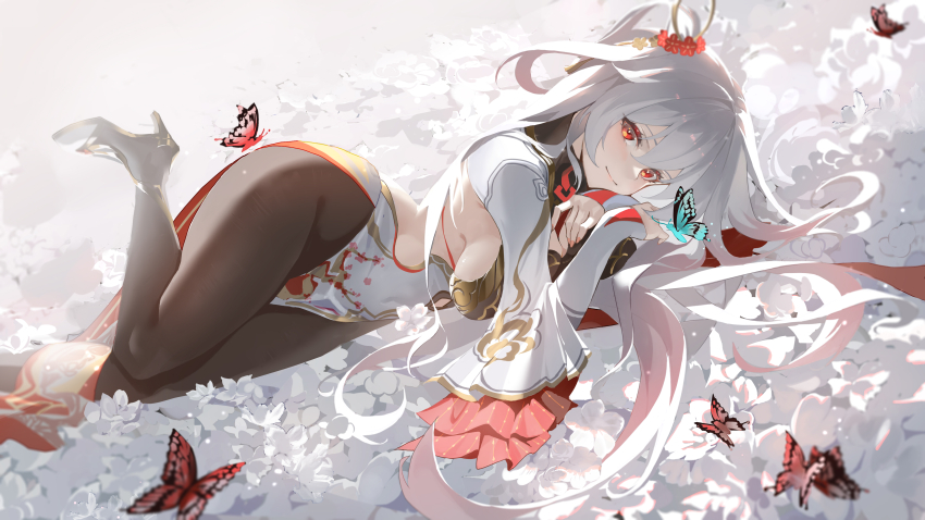 1girl absurdres black_pantyhose blue_butterfly breasts bug butterfly chinese_clothes chinese_commentary closed_mouth commentary_request dress flower hair_flower hair_ornament hair_spread_out high_heels highres honkai_(series) honkai_impact_3rd insect jiu_dao_fan_yin large_breasts long_hair looking_at_viewer lying official_alternate_costume on_side pantyhose pelvic_curtain red_butterfly red_eyes red_flower smile solo theresa_apocalypse theresa_apocalypse_(luna_kindred) theresa_apocalypse_(lunar_vow:_crimson_love) theresa_apocalypse_(redolent_in_red) very_long_hair white_dress white_hair