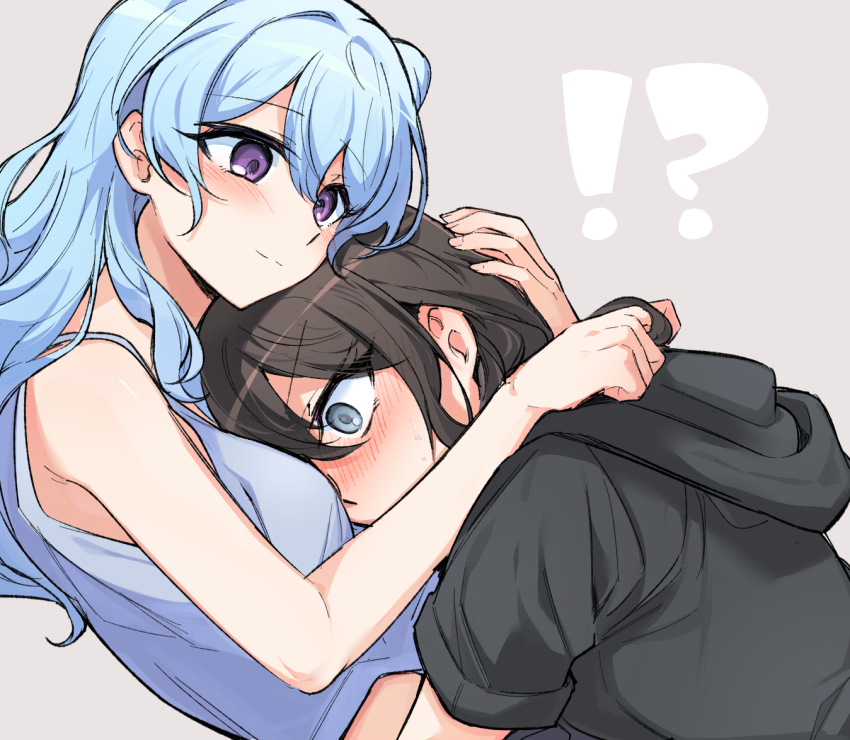 !? 2girls bang_dream! bare_arms black_hair black_hoodie blue_eyes blue_hair blue_tank_top blush closed_mouth grey_background hood hoodie hug long_hair matsubara_kanon multiple_girls okusawa_misaki opi purple_eyes simple_background smile sweat tank_top yuri