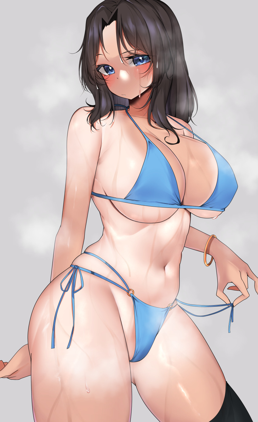 1girl absurdres aoshidan_school_uniform arm_behind_back bikini black_hair blue_bikini blue_eyes blush breasts character_request cleavage closed_mouth commentary_request commission dark_skin girls_und_panzer grey_background highres kshimu large_breasts looking_at_viewer navel o-ring o-ring_bikini pixiv_commission school_uniform side-tie_bikini_bottom sidelocks simple_background solo steaming_body stomach swimsuit tan underboob wet