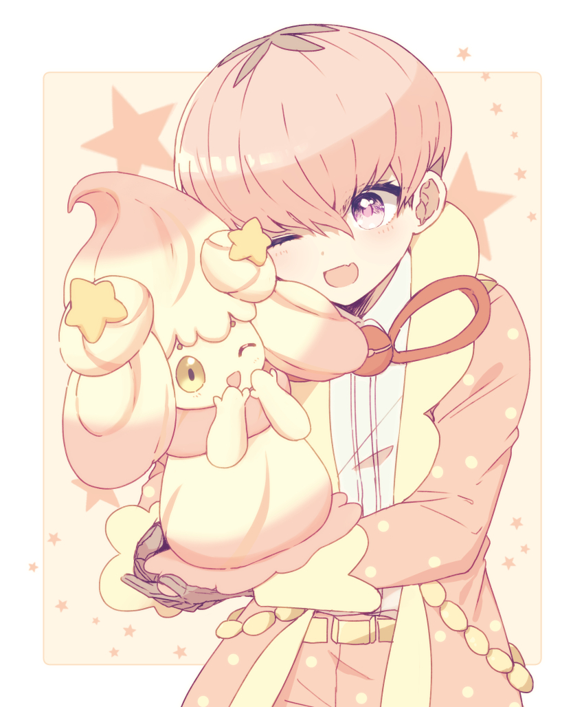 1boy absurdres alcremie alcremie_(ruby_swirl) alcremie_(star_sweet) arms_up belt bowl_cut coat commentary_request cowboy_shot dress_shirt eyelashes gen_8_pokemon hair_between_eyes highres holding holding_pokemon male_focus nintendo one_eye_closed open_clothes open_coat open_mouth ortega_(pokemon) pants pink_coat pink_eyes pink_hair pink_pants pokemon pokemon_(creature) pokemon_sv shirt shirt_tucked_in solo star_(symbol) suzukinoko1021 white_shirt yellow_belt