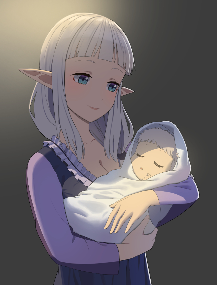 1boy 1girl alfred_(isekai_nonbiri_nouka) baby bloom blue_eyes bow breasts carrying_baby carrying_person cleavage closed_mouth grey_background grey_hair hair_bow highres isekai_nonbiri_nouka large_breasts light_blush lips long_hair looking_at_another mother_and_son nightgown open_mouth pimm_(chiramegd) pointy_ears purple_nightgown rurushi_ru short_hair simple_background sleeping smile upper_body vampire
