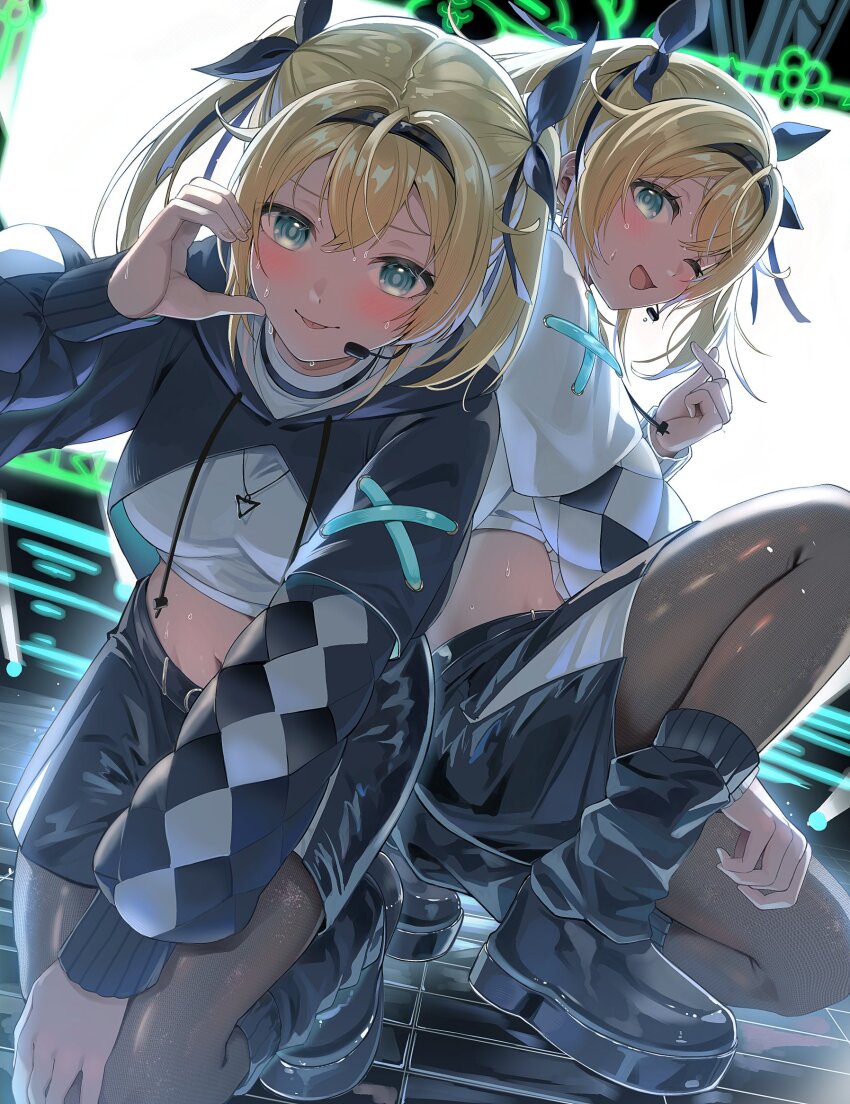 1girl ;d black_pantyhose black_shoes black_shorts black_socks blonde_hair blue_eyes blush closed_mouth commentary crop_top cropped_hoodie double-parted_bangs headset highres hololive hood hoodie kakeru_(kakekaker001) kazama_iroha_(pop_dance) long_sleeves looking_at_viewer loose_socks midriff multiple_views navel one_eye_closed open_mouth pantyhose shoes short_hair shorts smile socks sweat tongue tongue_out virtual_youtuber white_hoodie