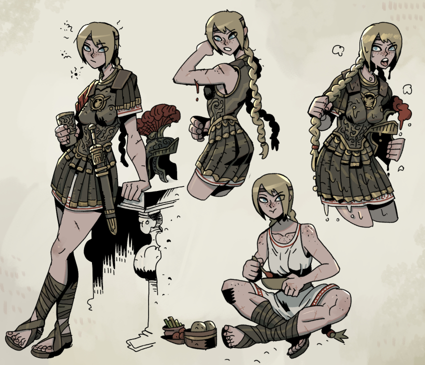 1girl armor bleeding blonde_hair blood blue_eyes boobplate bowl breastplate brown_footwear brown_skirt closed_mouth cup deep_wound drunk eating freckles gladiator_sandals greco-roman_clothes helm helmet highres ho-uja holding holding_bowl holding_cup indian_style injury korean_commentary long_braid long_hair looking_at_viewer mixed-language_commentary multiple_views original plume roman_armor roman_clothes sandals scabbard sheath simple_background sitting skirt sweat toga