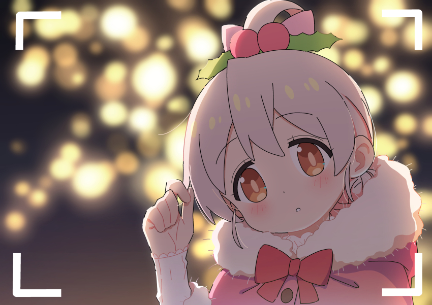 1girl :o blurry blurry_background blush bow brown_eyes brown_hair capelet commentary_request depth_of_field fur-trimmed_capelet fur_trim hair_between_eyes hair_bun hand_up heijialan highres long_sleeves looking_at_viewer onii-chan_wa_oshimai! oyama_mahiro parted_lips pink_capelet red_bow sleeves_past_wrists solo upper_body