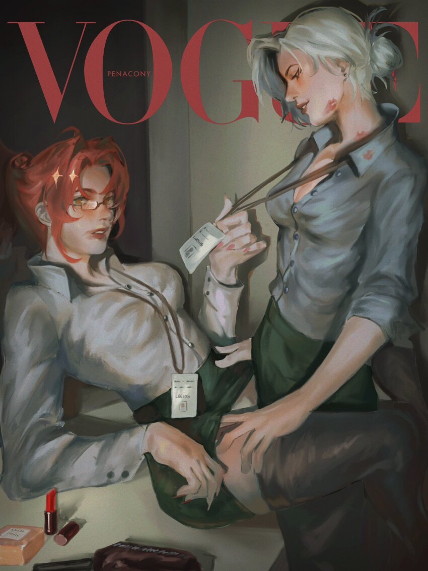 2girls alternate_costume argenti_(honkai:_star_rail) black_hair black_pants black_skirt black_thighhighs blue_shirt boothill_(honkai:_star_rail) collared_shirt commentary contemporary cover english_text fake_cover fake_magazine_cover genderswap genderswap_(mtf) glasses green_eyes hair_bun hand_under_clothes hand_under_skirt hashtag-only_commentary highres honkai:_star_rail honkai_(series) id_card l00106 lanyard lipstick lipstick_mark lipstick_mark_on_clothes lipstick_mark_on_face lipstick_mark_on_neck magazine_cover makeup multicolored_hair multiple_girls pants pencil_skirt pulling red_eyes red_hair red_pupils shirt skirt thighhighs two-tone_hair vogue_(magazine) white_hair yuri