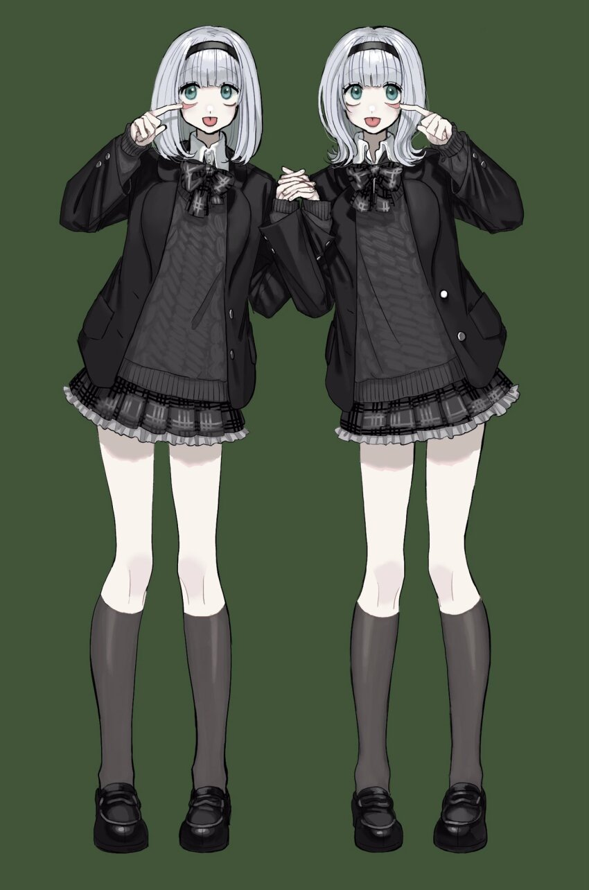2girls akanbe black_bow black_bowtie black_hairband black_jacket black_shoes black_skirt black_socks black_sweater blue_eyes bow bowtie buttons collared_shirt dress_shirt eyelashes eyelid_pull fingernails frilled_skirt frills green_background grey_hair hairband highres holding_hands interlocked_fingers jacket kneehighs legs_apart long_legs long_sleeves medium_hair miniskirt multiple_girls open_clothes open_jacket original shirt shirt_under_sweater shoes simple_background skirt socks standing sweater symmetrical_pose symmetry tongue tongue_out unbuttoned unbuttoned_jacket white_shirt yoshioka_suke