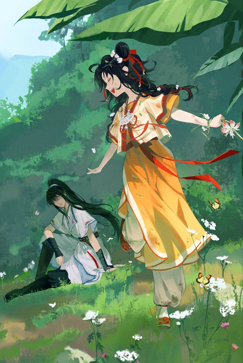 2girls absurdres aged_down ahoge alternate_costume black_boots black_hair black_pants blue_sky boots bracelet braid braided_twintails bug bush butterfly chinese_clothes dirty dirty_clothes dirty_face dirty_hands dress earrings flower flower_bracelet grass grey_eyes hair_between_eyes hair_bun hanfu high_ponytail highres holding holding_flower houraisan_chouko insect jade_(gemstone) jewelry long_hair mountain multiple_girls necklace open_clothes open_shirt outdoors outstretched_arms palm_leaf pants pants_under_dress path_to_nowhere ponytail puffy_pants rahu_(path_to_nowhere) red_sash red_shoes running sash shirt shoes short_sleeves silver_earrings silver_necklace sitting sky smile tassel teeth tree twintails upper_teeth_only white_hanfu white_pants wrist_wrap yao_(path_to_nowhere) yellow_butterfly yellow_dress yellow_shirt