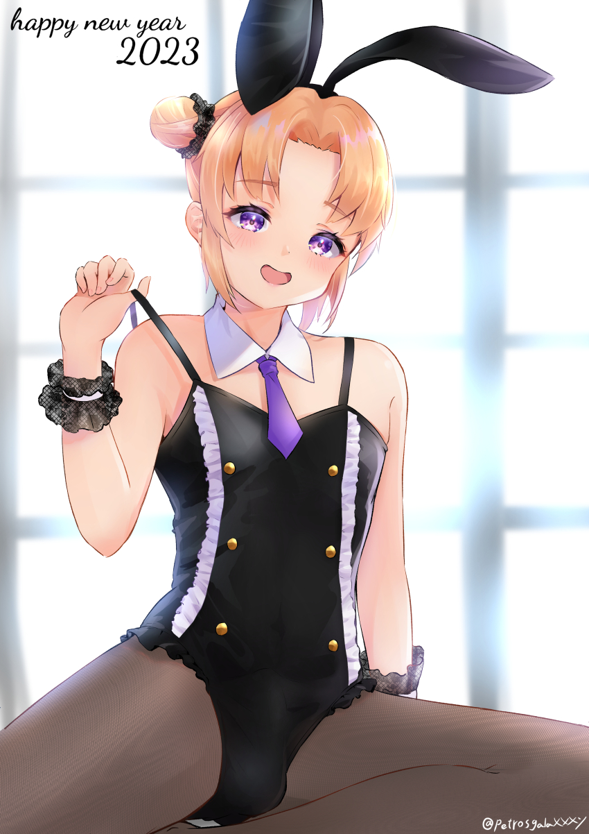 1boy 2023 absurdres animal_ears black_leotard blonde_hair bulge detached_collar facing_viewer fake_animal_ears frilled_bracelet hair_ornament highres leotard looking_at_viewer male_focus male_playboy_bunny necktie new_year pantyhose peteron purple_eyes purple_necktie rabbit_ears rabbit_hair_ornament solo tie tie_clip trap twitter_username wrist_cuffs
