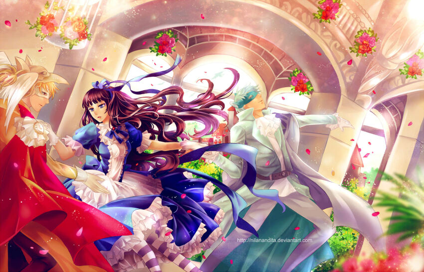 1girl 2boys alice_(alice_in_wonderland) alice&#039;s_adventures_in_wonderland apron ascot back_bow belt bird_hat bird_wings black_pants blonde_hair blue_bow blue_bowtie blue_dress blue_eyes blue_mask blue_ribbon blunt_bangs bow bowtie brown_belt brown_hair cape center_frills character_request coat collared_dress commentary dancing day deviantart_username dress english_commentary epaulettes expressionless eye_mask feathered_wings feet_out_of_frame floating_clothes floating_hair flower frilled_apron frilled_dress frilled_sleeves frills gloves green_coat green_hair grey_pants grey_pantyhose grey_shawl hair_ribbon hand_on_another&#039;s_chest hat head_wings hetero highres jacket leaning_back light_particles long_hair looking_at_another medium_dress multiple_boys nilanandita open_mouth outstretched_hand pants pantyhose petals pillar pocket_watch polyamory puffy_short_sleeves puffy_sleeves red_cape red_flower red_rose ribbon rose rose_petals shawl shirt short_hair short_sleeves shorts striped_clothes striped_pantyhose two-tone_pantyhose very_long_hair waist_apron watch wavy_hair white_apron white_ascot white_gloves white_hat white_mask white_pantyhose white_shirt white_sleeve_cuffs white_wings window wings yellow_jacket