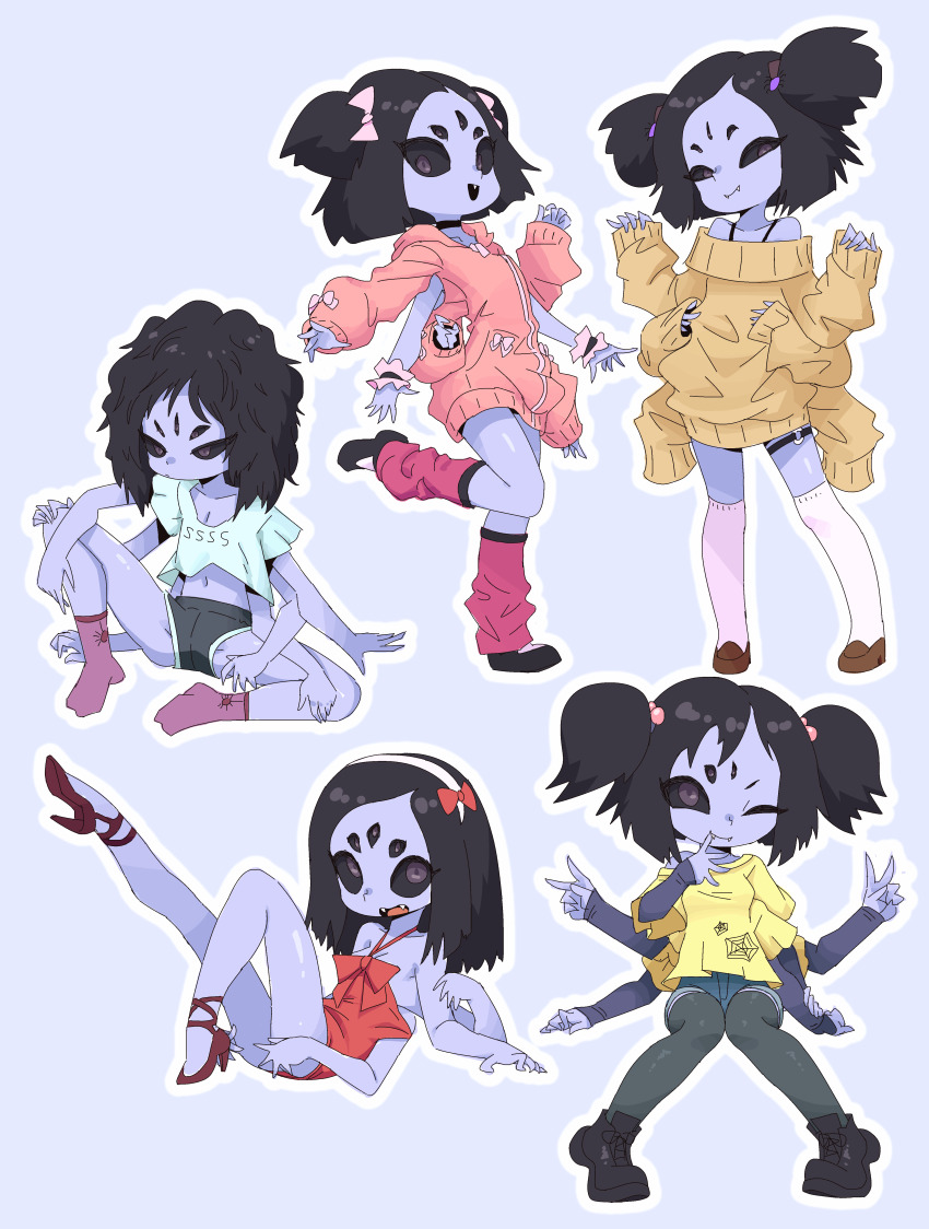 1girl absurdres alternate_costume alternate_hairstyle animal_print arm_support arthropod_girl bare_shoulders black_bra black_choker black_hair black_sclera black_shoes blue_background blue_shirt blue_shorts blue_skin blue_trim bow bra bra_strap breasts choker cleavage closed_mouth clothes_writing collarbone colored_sclera colored_skin crop_top double_v dress extra_arms fang fangs fangs_out female_focus finger_to_mouth full_body grey_shorts grey_thighhighs hair_bobbles hair_bow hair_ornament hairband hand_on_own_knee hands_up happy high_heels highres holding_own_arm hood hood_down hooded_jacket insect_girl jacket jaggy_lines knee_up knees_together_feet_apart layered_sleeves leg_up leg_warmers legs long_sleeves looking_at_viewer medium_hair midriff muffet multiple_views navel neamosub o-ring o-ring_thigh_strap off-shoulder_sweater off_shoulder one_eye_closed orange_jacket outline over-kneehighs pigeon-toed pink_bow print_shirt print_socks purple_eyes purple_shoes purple_socks reclining red_bow red_dress red_leg_warmers shirt shoes short_dress short_hair short_over_long_sleeves short_shorts short_sleeves shorts sidelocks sideways_mouth simple_background single_bare_shoulder sitting sleeveless sleeveless_dress small_breasts smile socks spider_girl spider_hair_ornament spider_print spider_web_print spread_legs standing standing_on_one_leg stomach sweater thigh_strap thighhighs thighs twintails two_side_up undertale underwear utdr_(toby_fox) v white_hairband white_outline white_thighhighs wide_sleeves wink wrist_cuffs yellow_shirt yellow_sweater