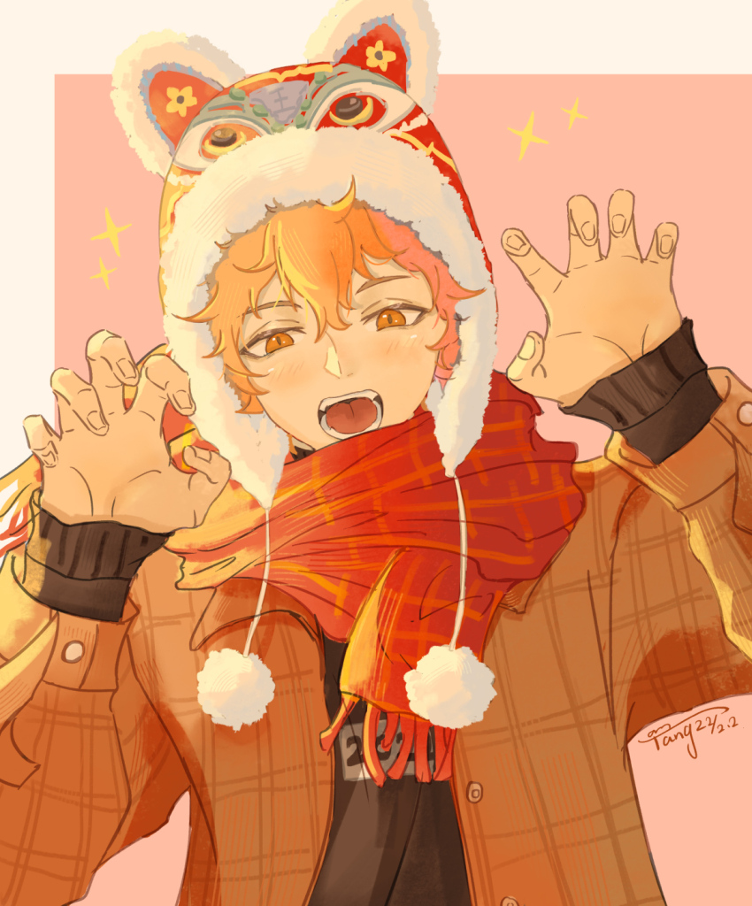 1boy beanie black_sweater border brown_coat brown_sleeves buttons chinese_commentary claw_pose coat collared_coat commentary_request dated earflap_beanie fingernails fringe_trim fur-trimmed_headwear fur_trim haikyuu!! hair_between_eyes hat highres hinata_shouyou layered_sleeves long_sleeves looking_at_viewer male_focus open_clothes open_coat open_mouth orange_eyes orange_hair outside_border palms pink_background plaid_clothes plaid_collar plaid_scarf pom_pom_hat_ornament red_hat red_scarf sanshui_guantang scarf short_hair sign simple_background sleeves_past_wrists solo sparkle sweater teeth tiger_hat upper_body white_border