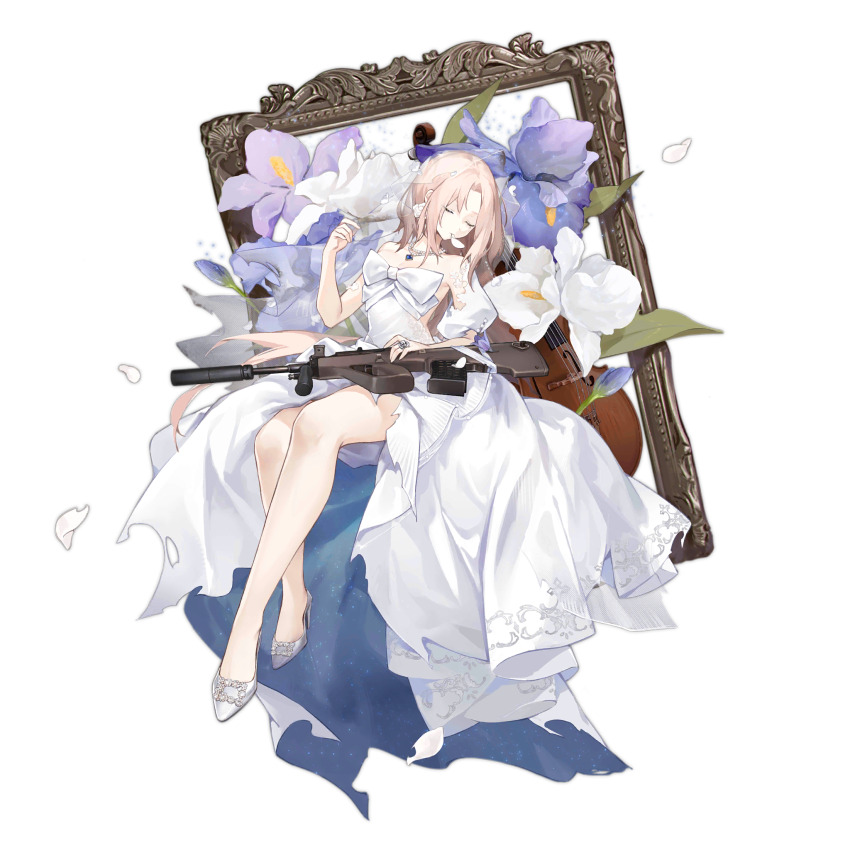 1girl assault_rifle aug_(blue_meditation)_(girls&#039;_frontline) aug_(girls&#039;_frontline) bare_legs blue_gemstone breasts bridal_veil bullpup cello closed_eyes dress flower flower_request full_body gem girls&#039;_frontline gun high_heels highres instrument jewelry long_hair medium_breasts mole mole_under_eye necklace no_socks official_alternate_costume official_art parted_bangs pearl_necklace petal_in_mouth picture_frame puffy_short_sleeves puffy_sleeves rifle ring samail shoes short_sleeves simple_background sitting solo steyr_aug suppressor third-party_source torn_clothes torn_dress transparent_background two-sided_dress two-sided_fabric veil very_long_hair weapon wedding_dress white_dress white_flower white_hair white_shoes