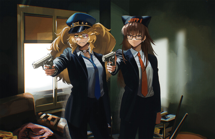 2girls aj_dandy angry artist_request blonde_hair blue_necktie breasts brown_hair character_request couch earrings eyepatch formal_clothes glasses gun handgun hat highres holding holding_weapon jewelry large_breasts long_hair meme multiple_girls necktie pistol pointing police_hat pulp_fiction red_eyes red_necktie room serious suit twintails weapon window